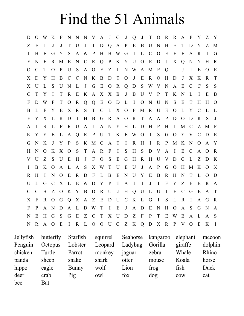 Find the 51 Animals Word Search