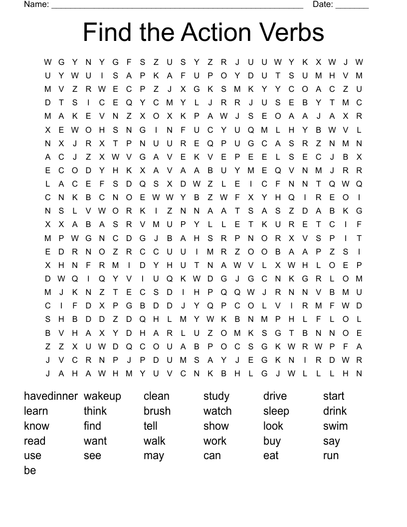 Find the Action Verbs Word Search