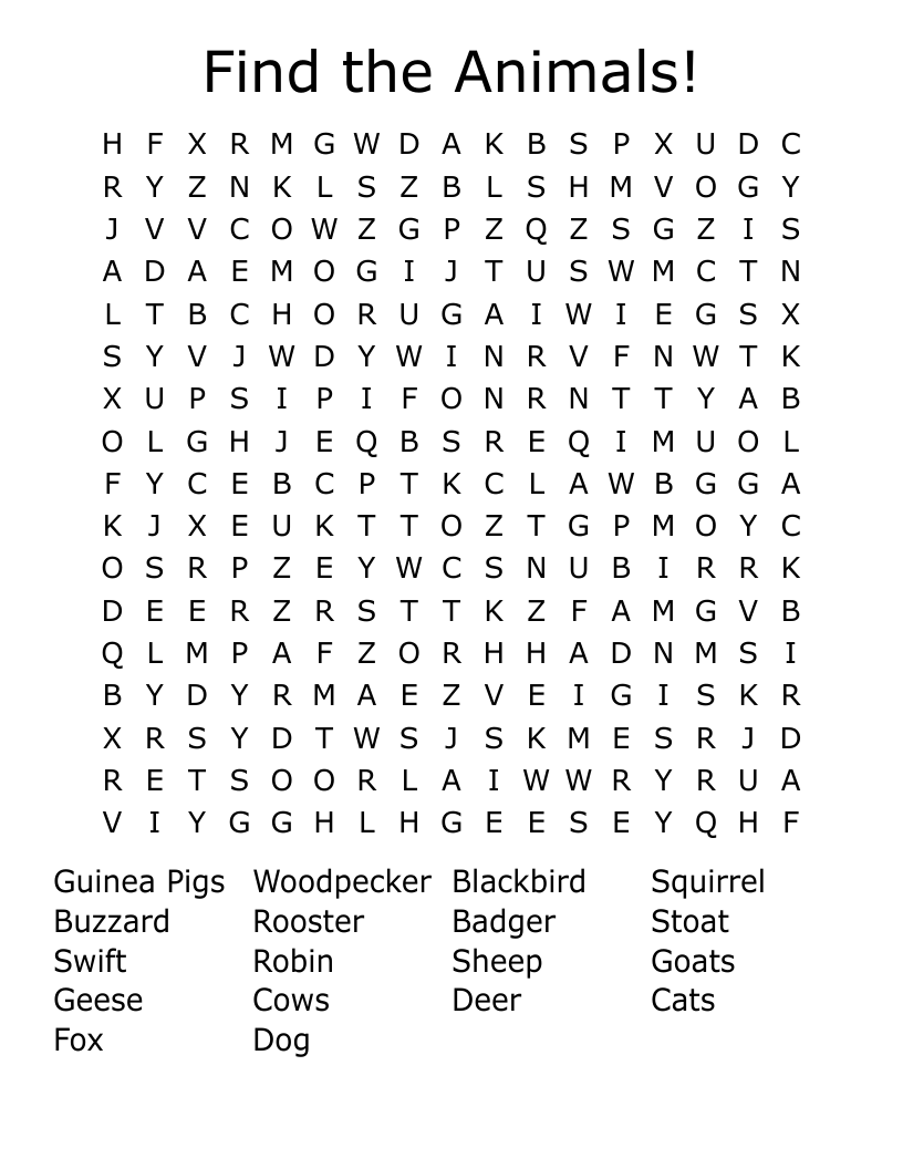 Find the Animals! Word Search