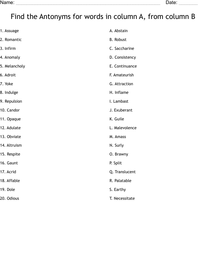 Find the Antonyms for words in column A, from column B Worksheet