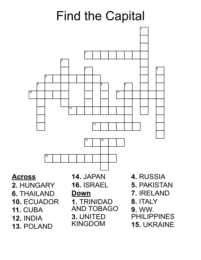 Find the Capital Crossword