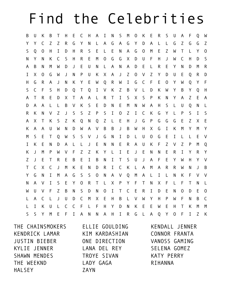 Find the Celebrities  Word Search