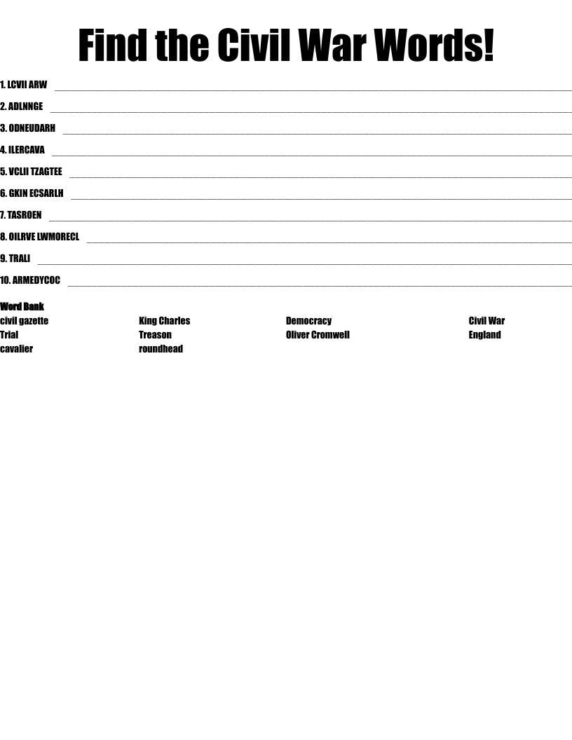 Find the Civil War Words! Word Scramble
