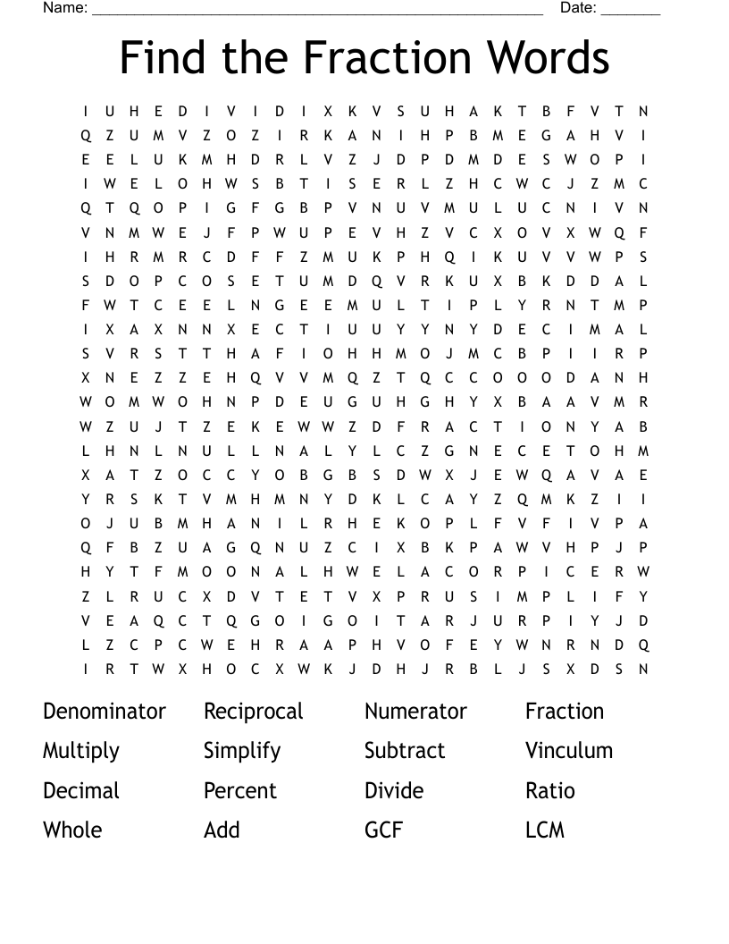 Find the Fraction Words Word Search