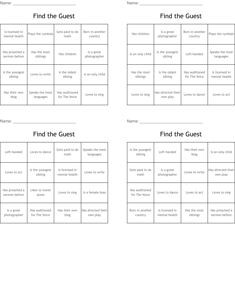 Find the Guest Bingo Cards