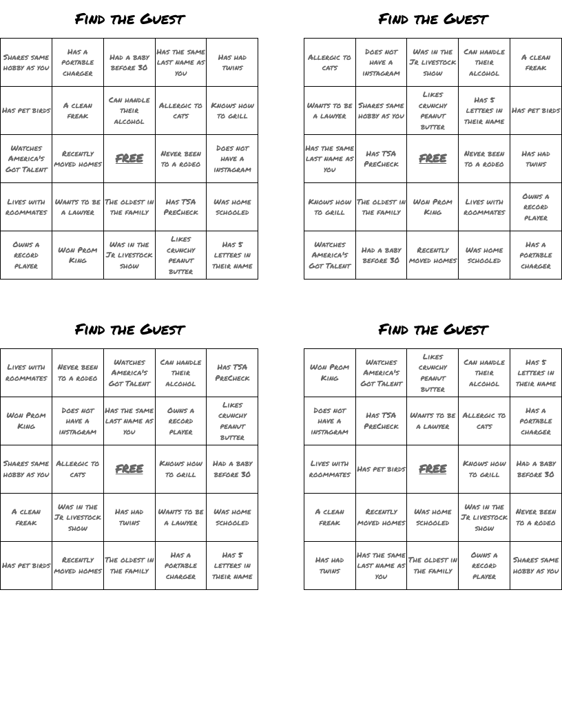 Find the Guest Bingo Cards