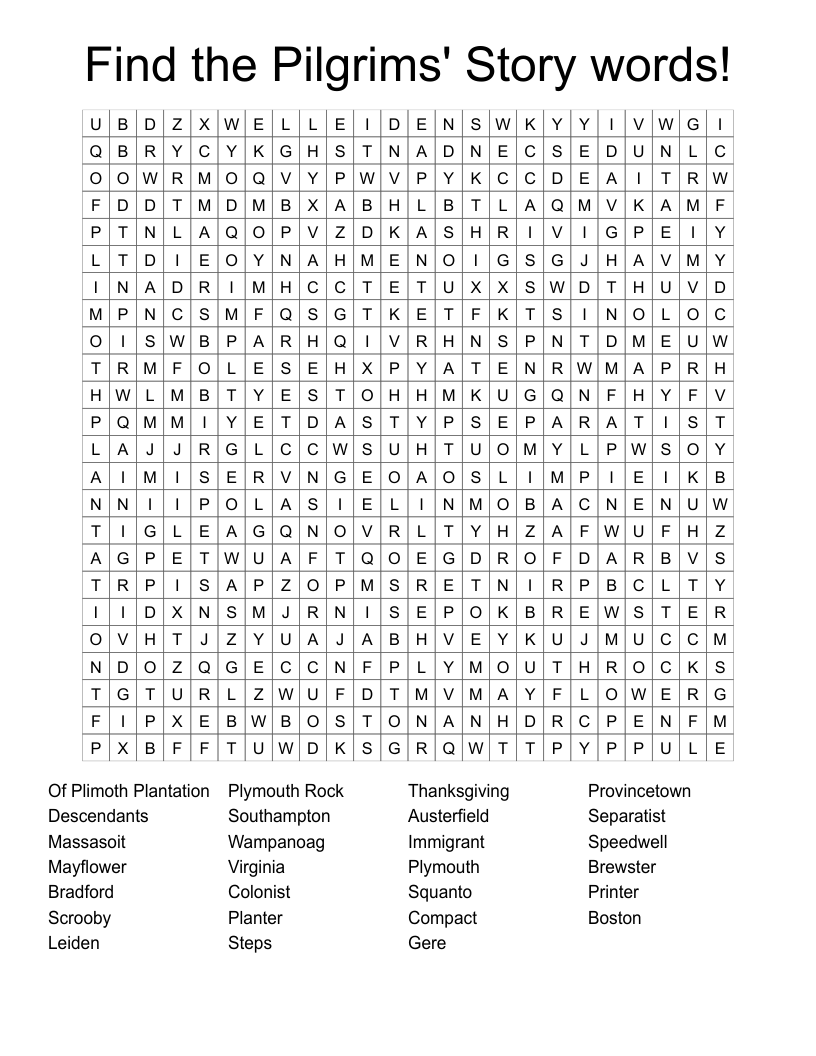 Find the Pilgrims' Story words! Word Search