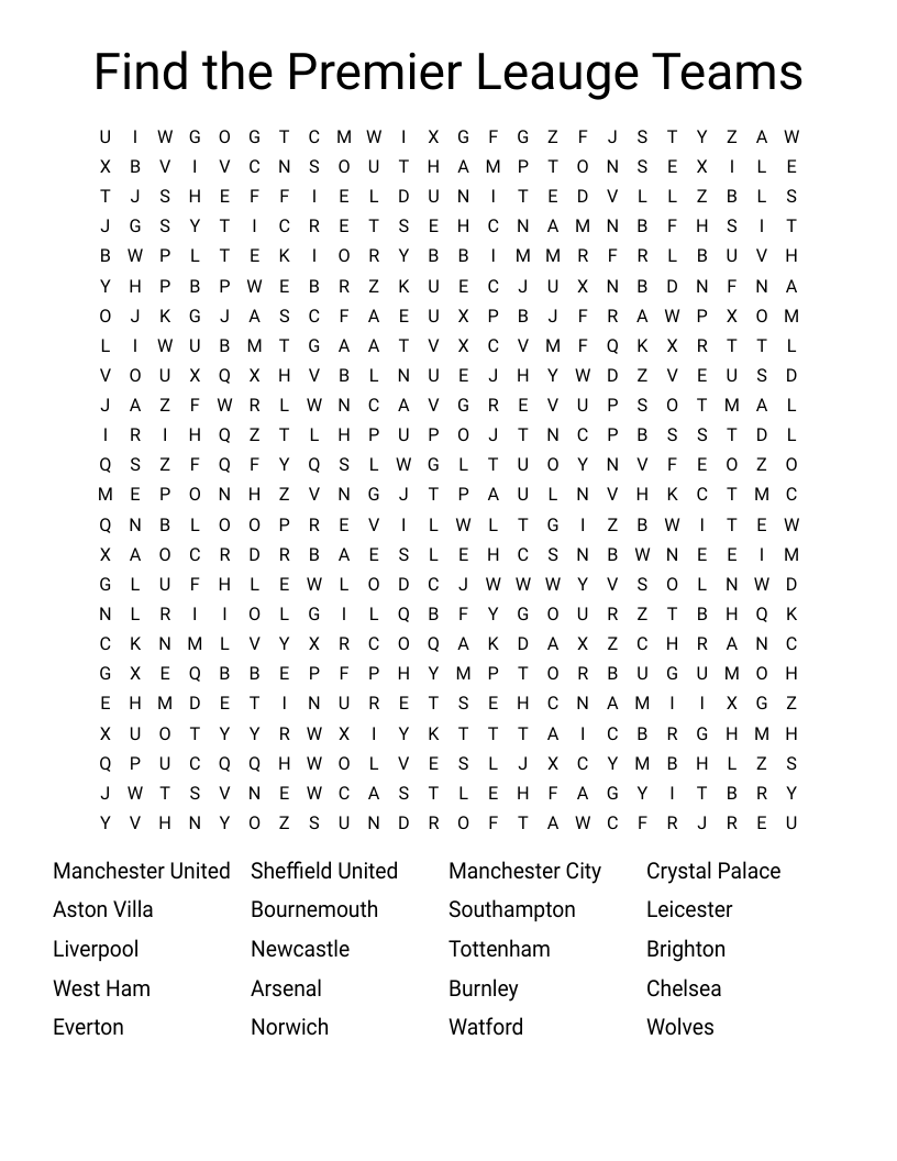 Find the Premier Leauge Teams Word Search