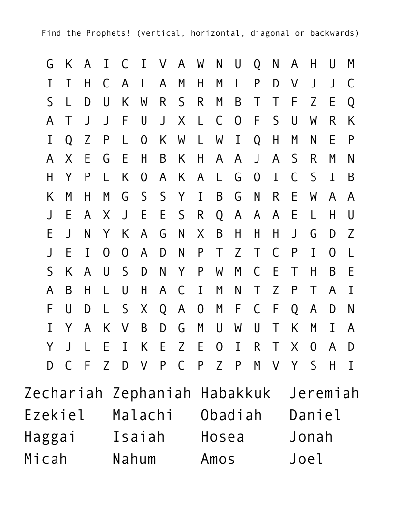 Find the Prophets! (vertical, horizontal, diagonal or backwards) Word Search