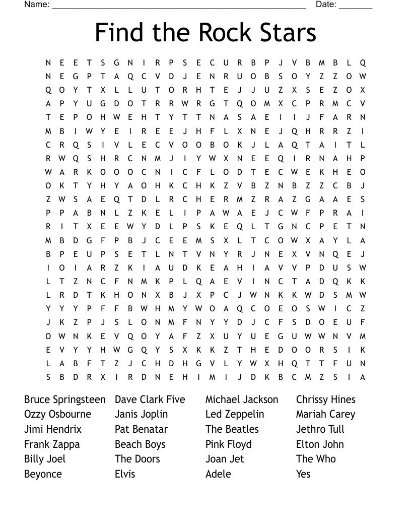 Find the Rock Stars  Word Search