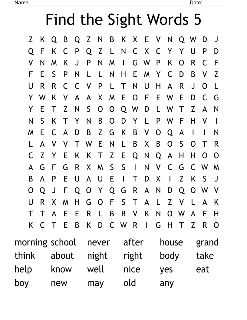 Find the Sight Words 5 Word Search