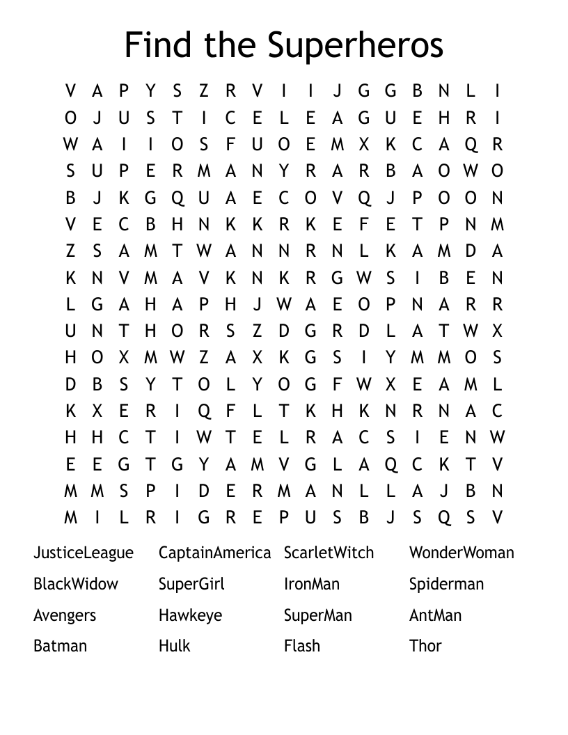 Find the Superheros Word Search
