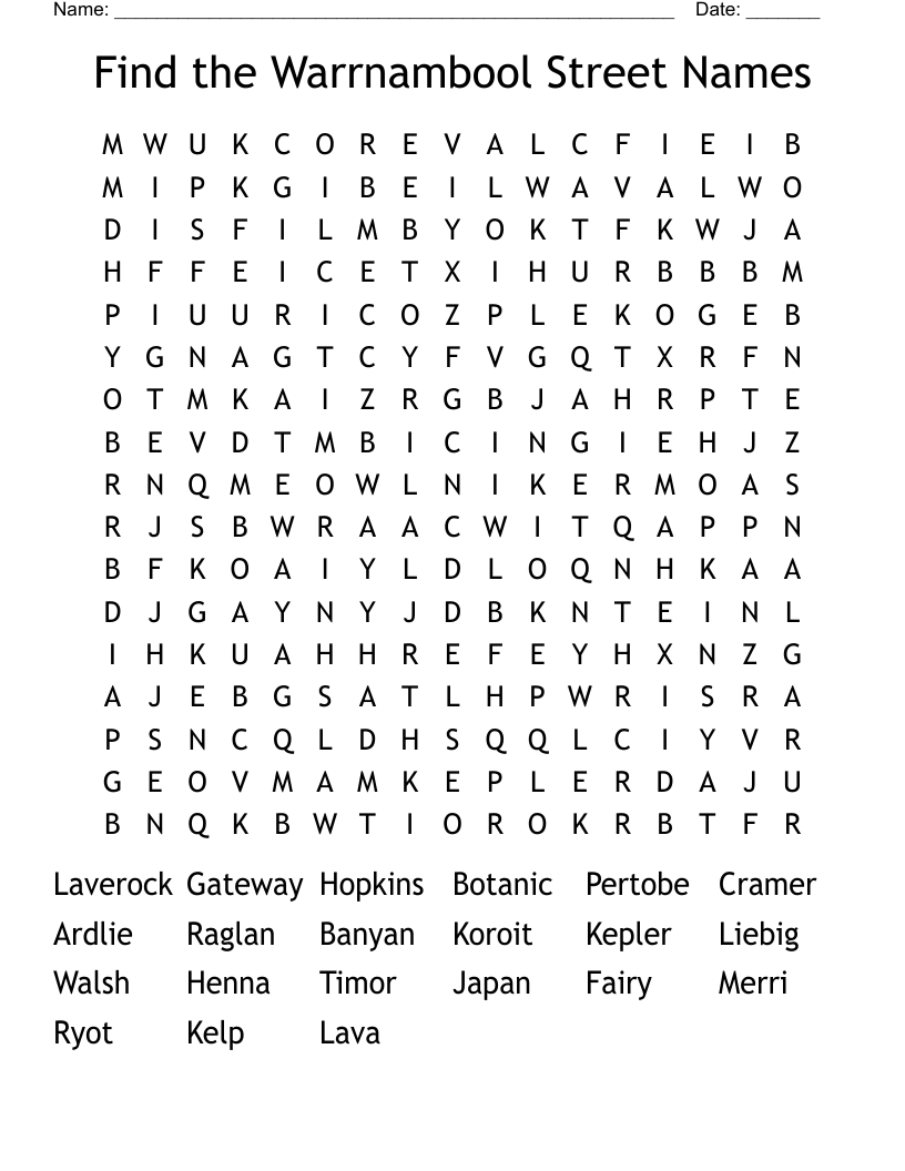 Find the Warrnambool Street Names Word Search