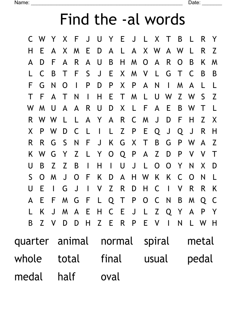 Find the -al words Word Search