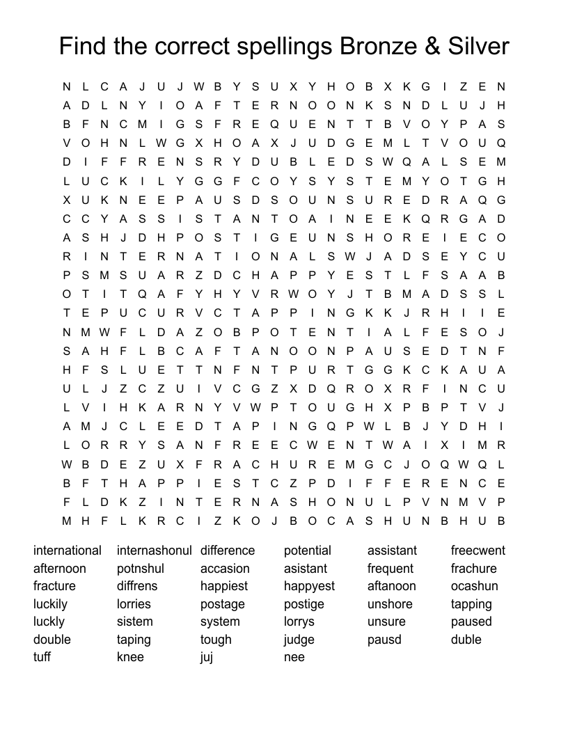 Find the correct spellings Bronze & Silver Word Search
