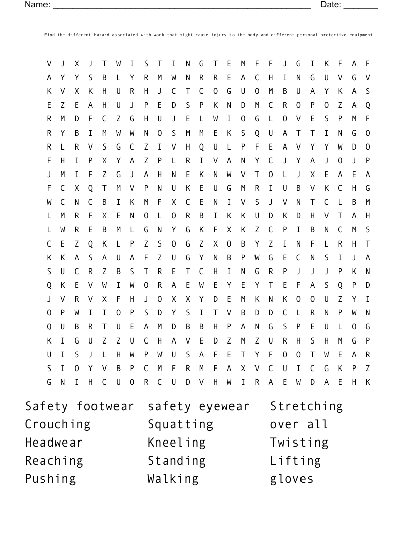 Find the different Hazard associated with work  that might cause injury to the body and different personal protective equipment Word Search
