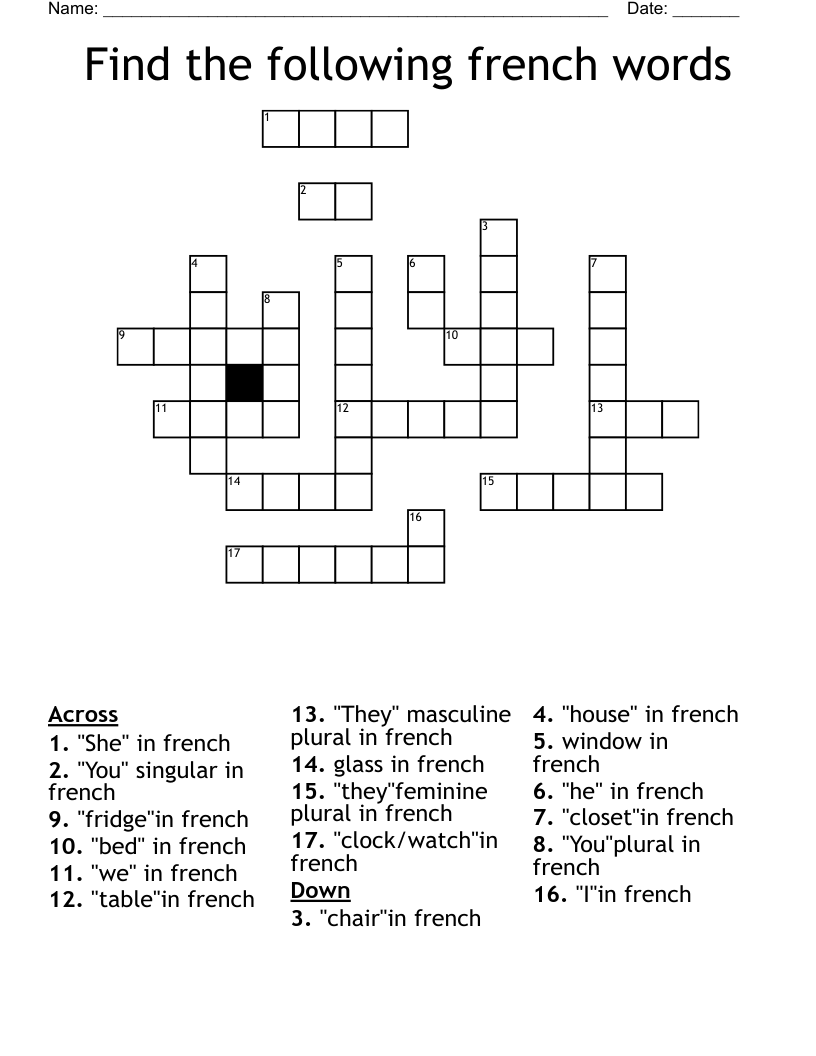 Find the following french words Crossword