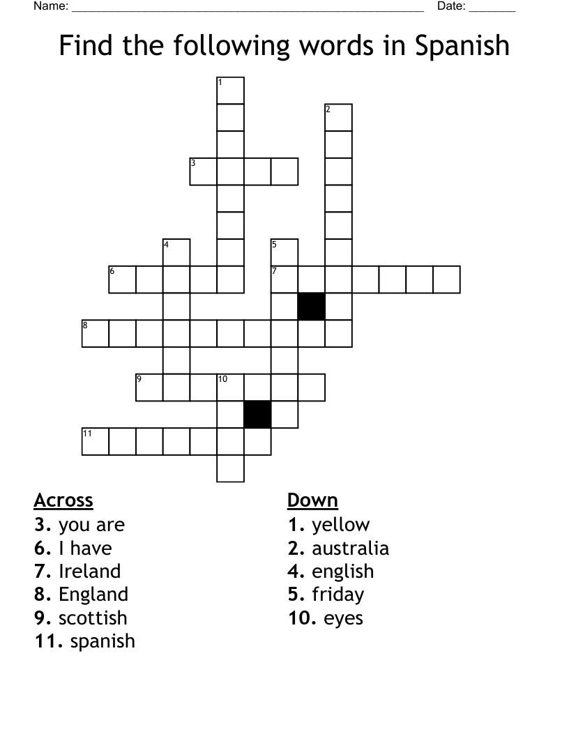 Find the following words in Spanish Crossword