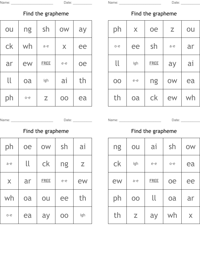 Find the grapheme Bingo Cards
