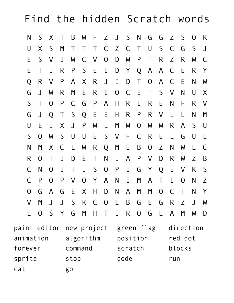 Find the hidden Scratch words Word Search