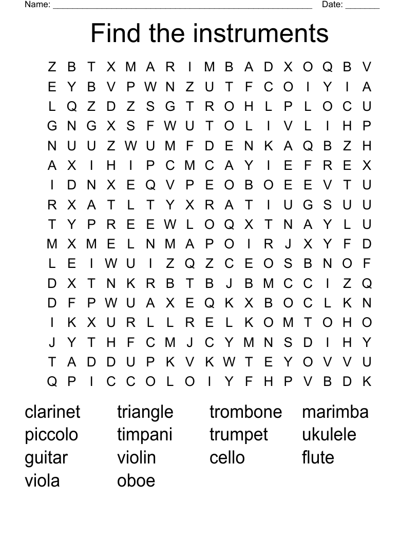 Find the instruments Word Search