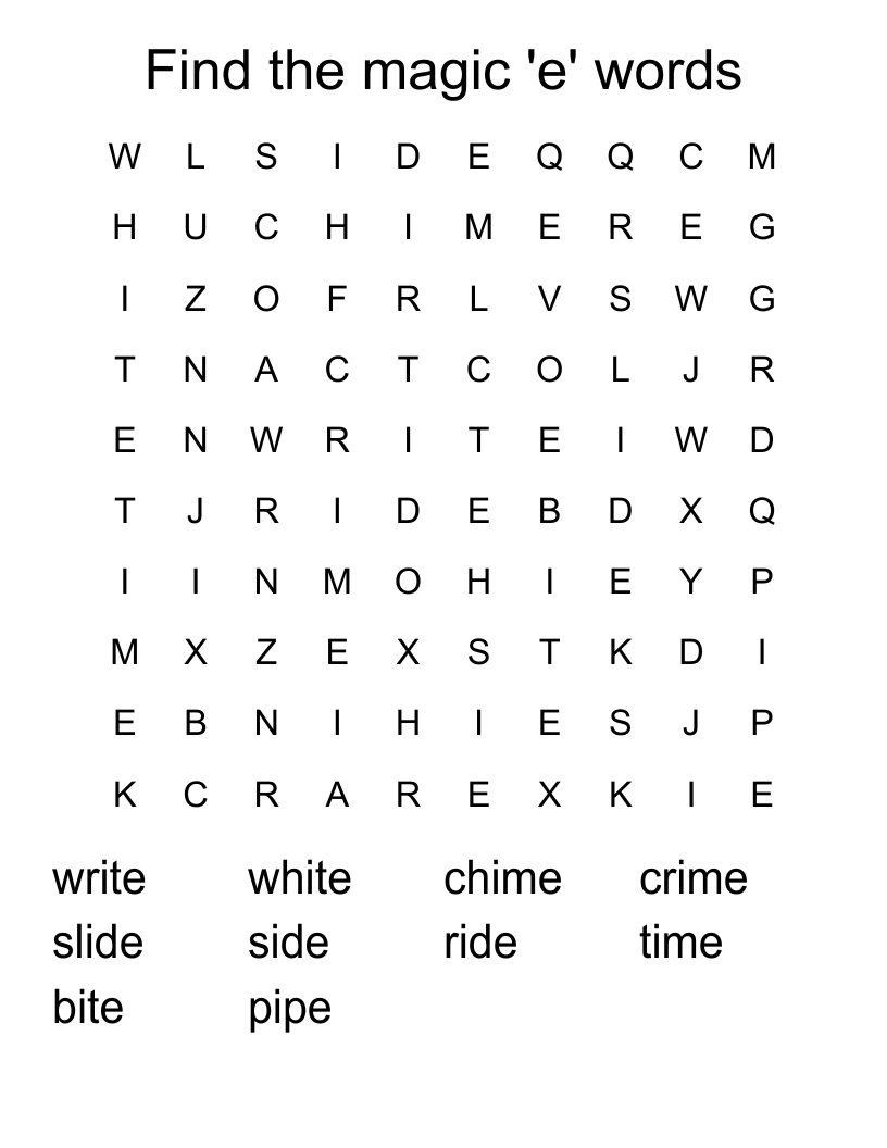 Find the magic 'e' words Word Search