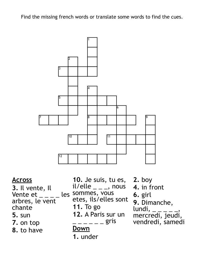 Find the missing french words or translate some words to find the cues. Crossword