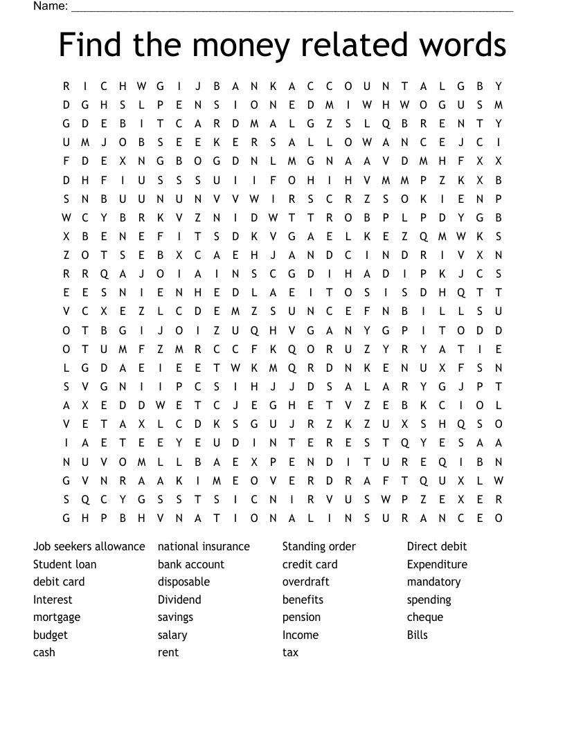 Find the money related words Word Search