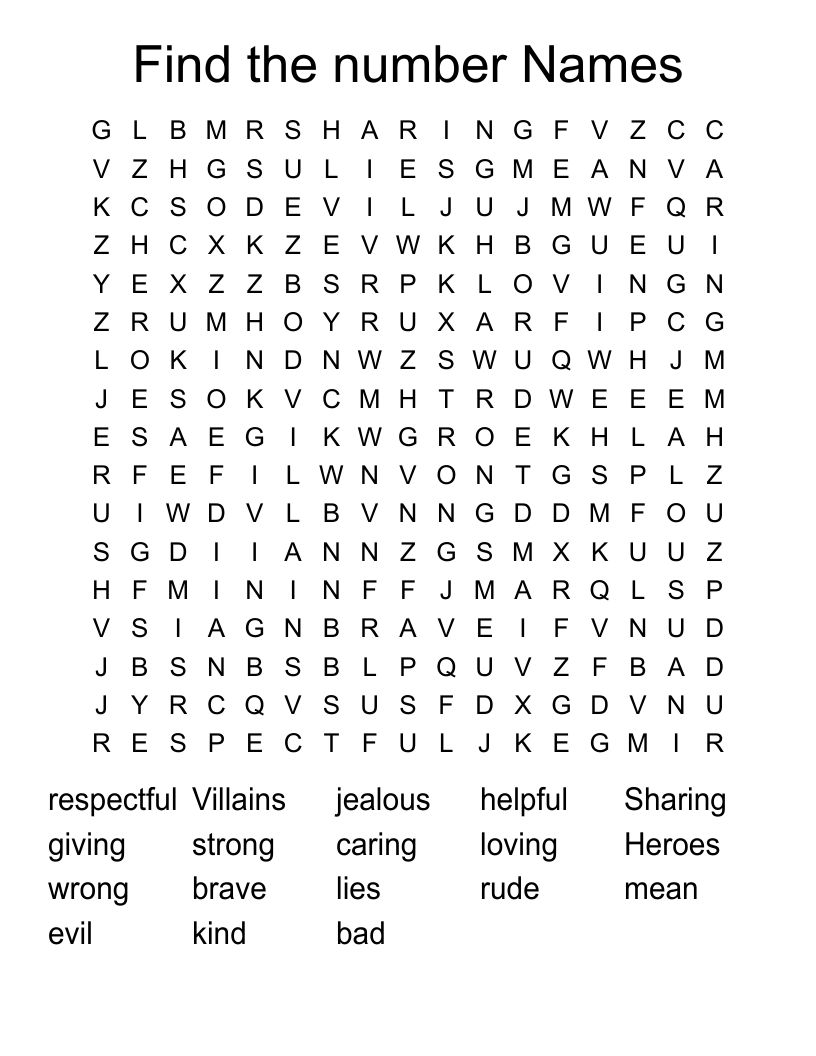 Find the number Names  Word Search