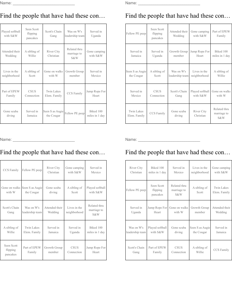 Find the people that have had these connections with Scott & Willie over the years. You may only sign your name to one square per sheet. Bingo Cards