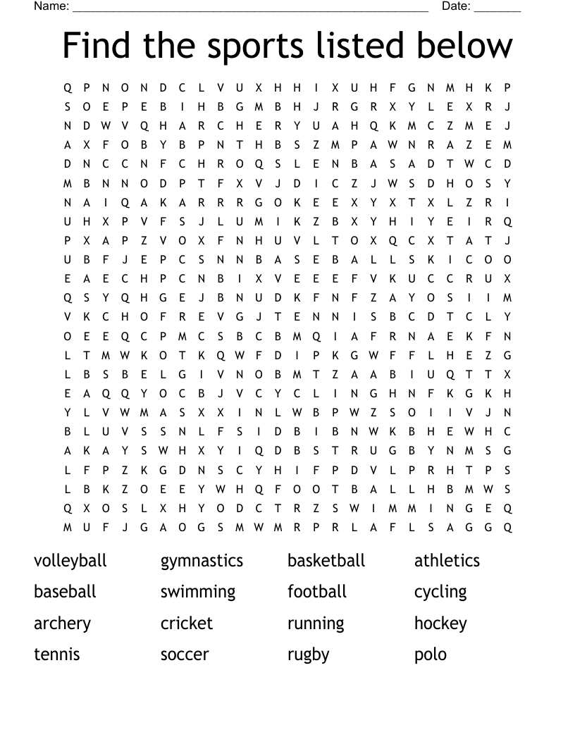 Find the sports listed below Word Search