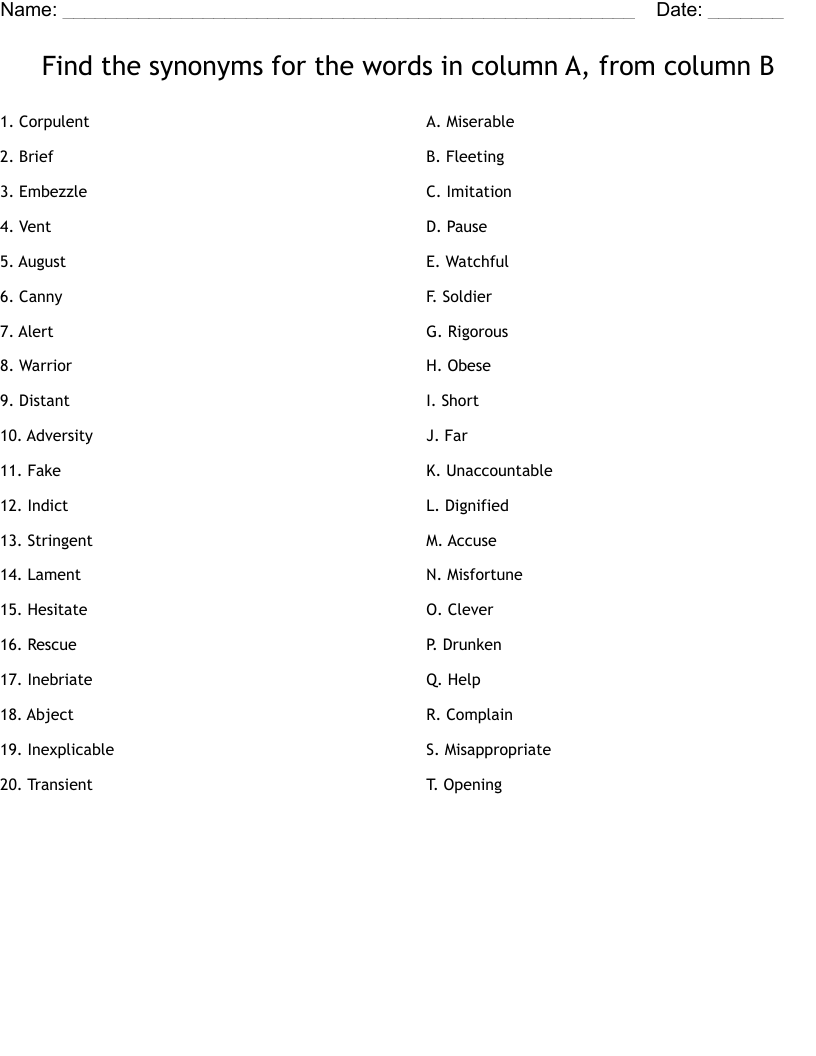 Find the synonyms for the words in column A, from column B Worksheet