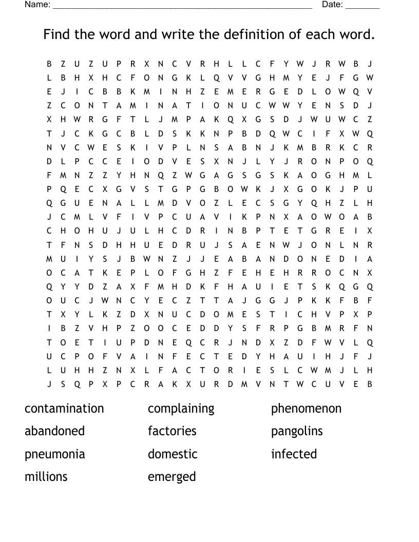 Find the word and write the definition of each word. Word Search