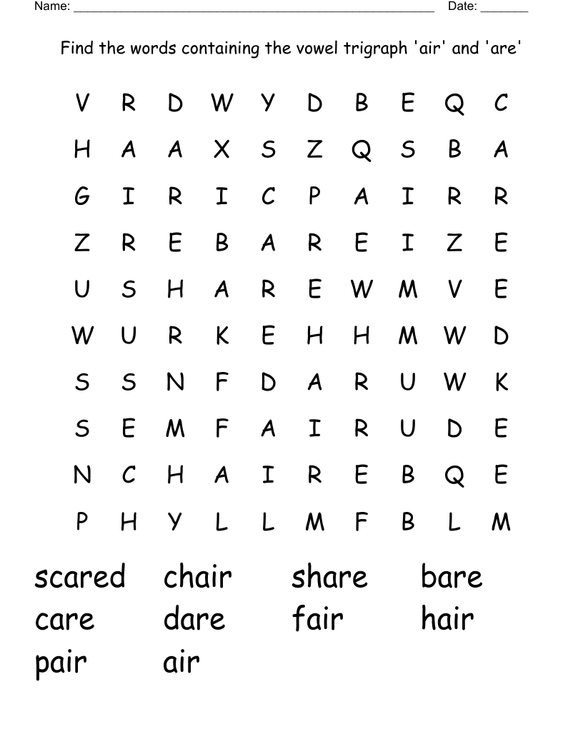 Find the words containing the vowel trigraph 'air' and 'are' Word Search