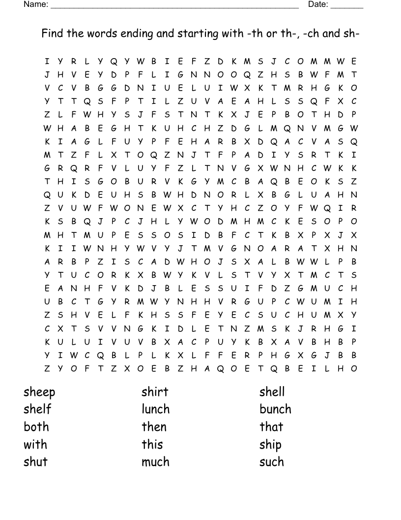 Find the words ending and starting with -th or th-, -ch and sh- Word Search