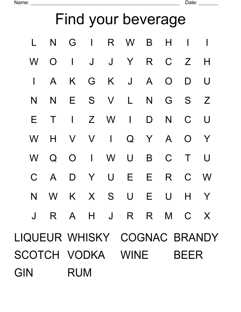 Find your beverage Word Search