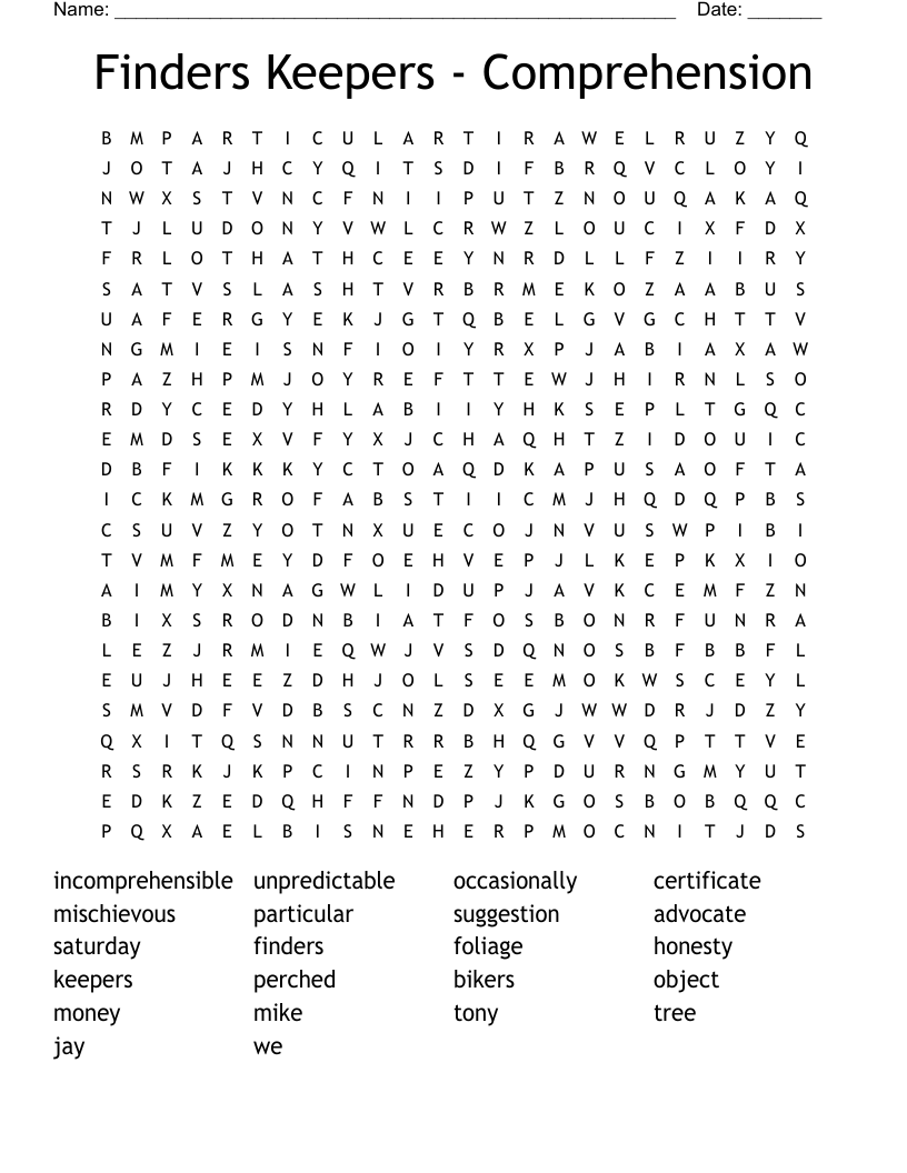 Finders Keepers - Comprehension Word Search