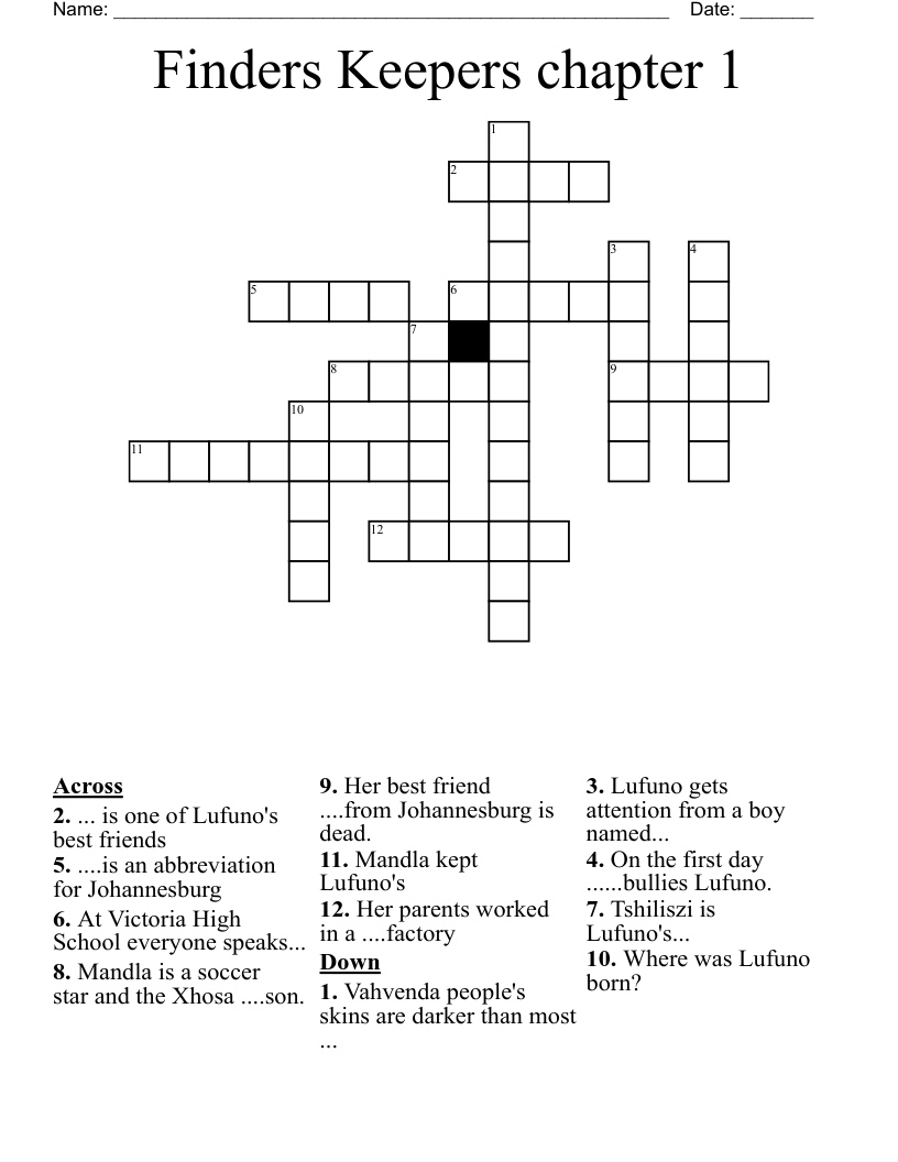 Finders Keepers chapter 1 Crossword
