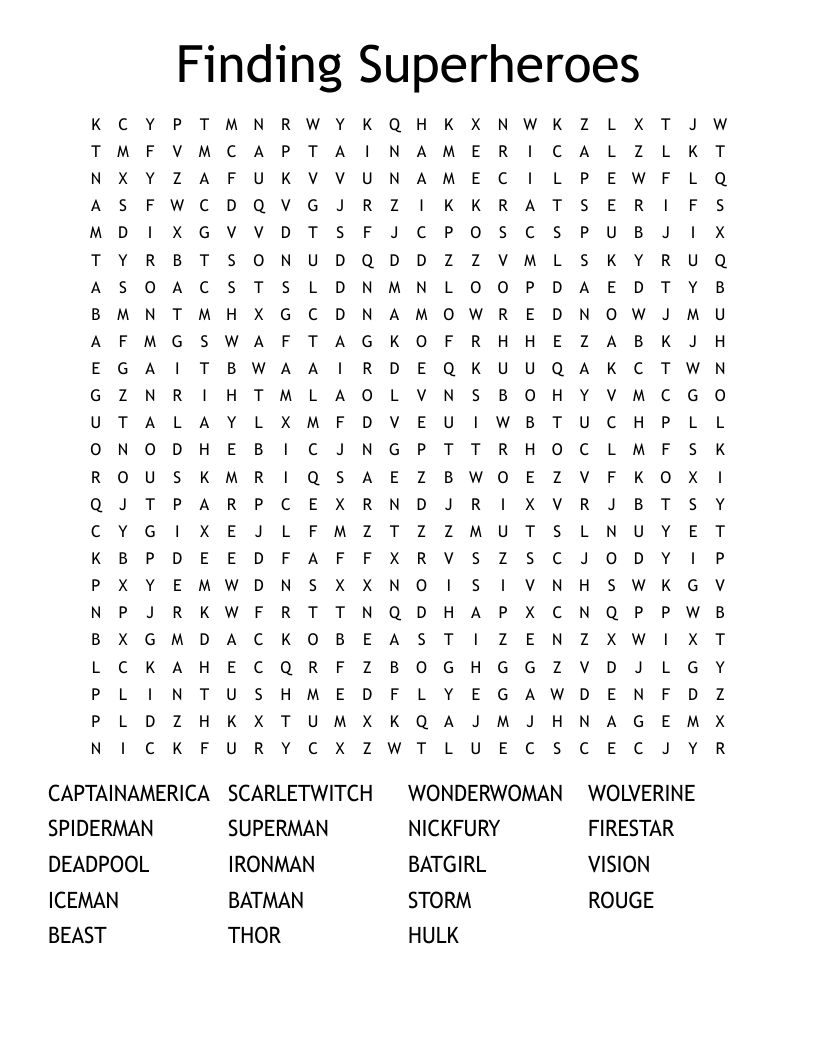 Finding Superheroes Word Search
