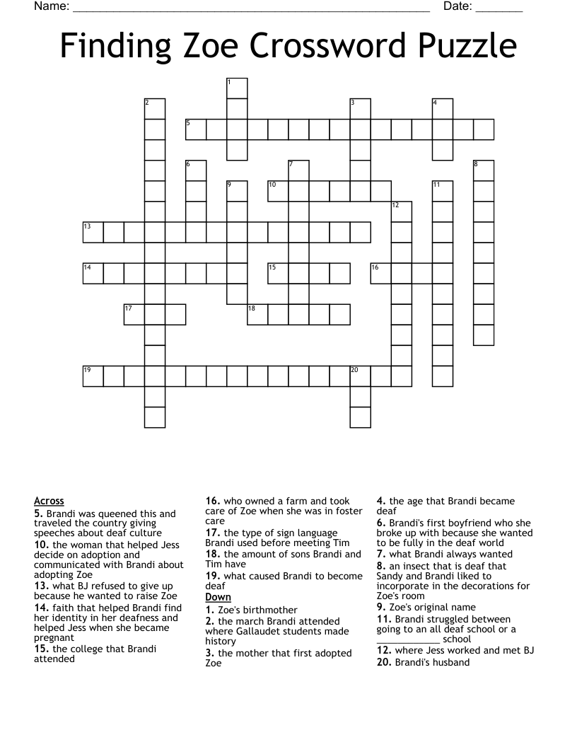 Finding Zoe Crossword Puzzle