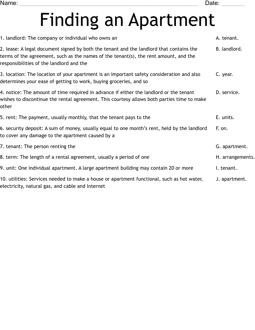 Finding an Apartment Worksheet