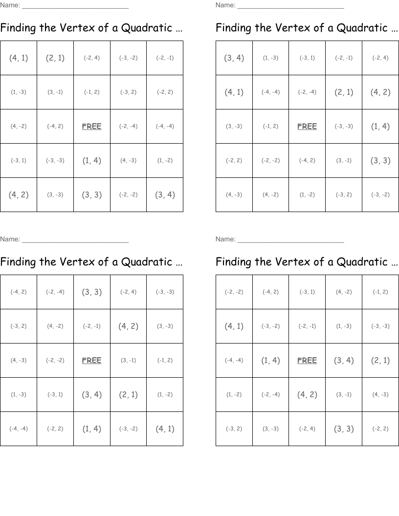 Finding the Vertex of a Quadratic Bingo