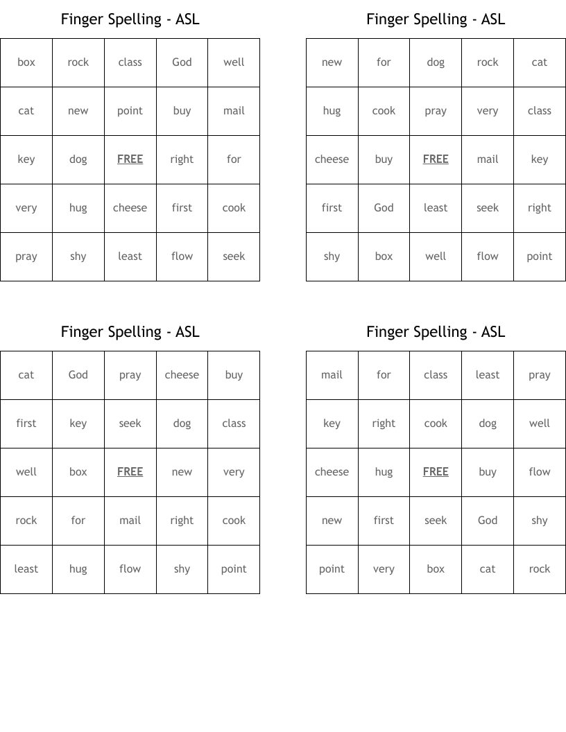 Finger Spelling - ASL Bingo Cards