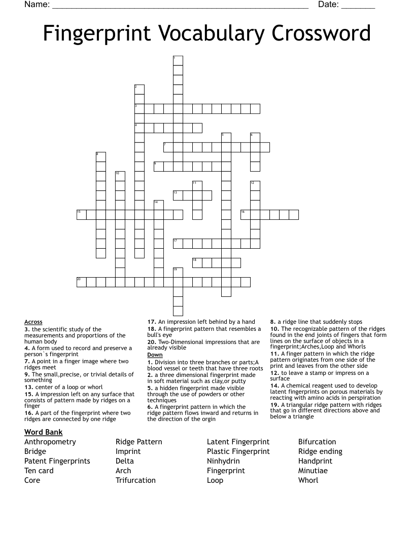 Fingerprint Vocabulary Crossword
