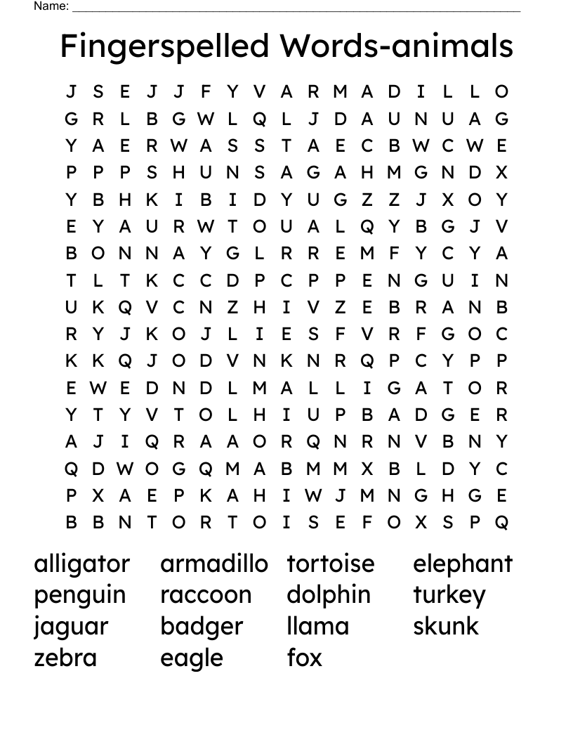 Fingerspelled Words-animals Word Search