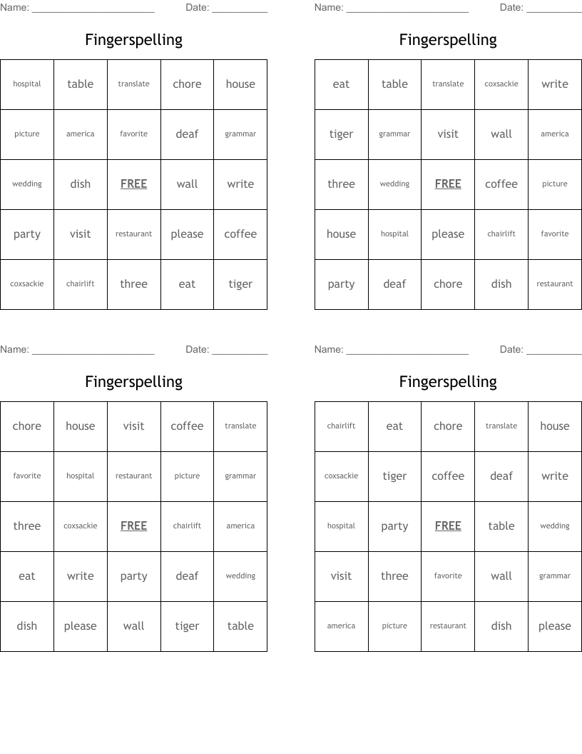 Fingerspelling Bingo Cards