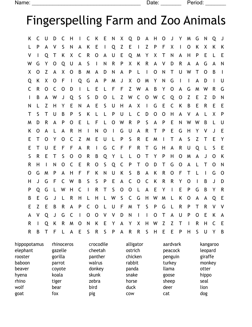 Fingerspelling Farm and Zoo Animals Word Search