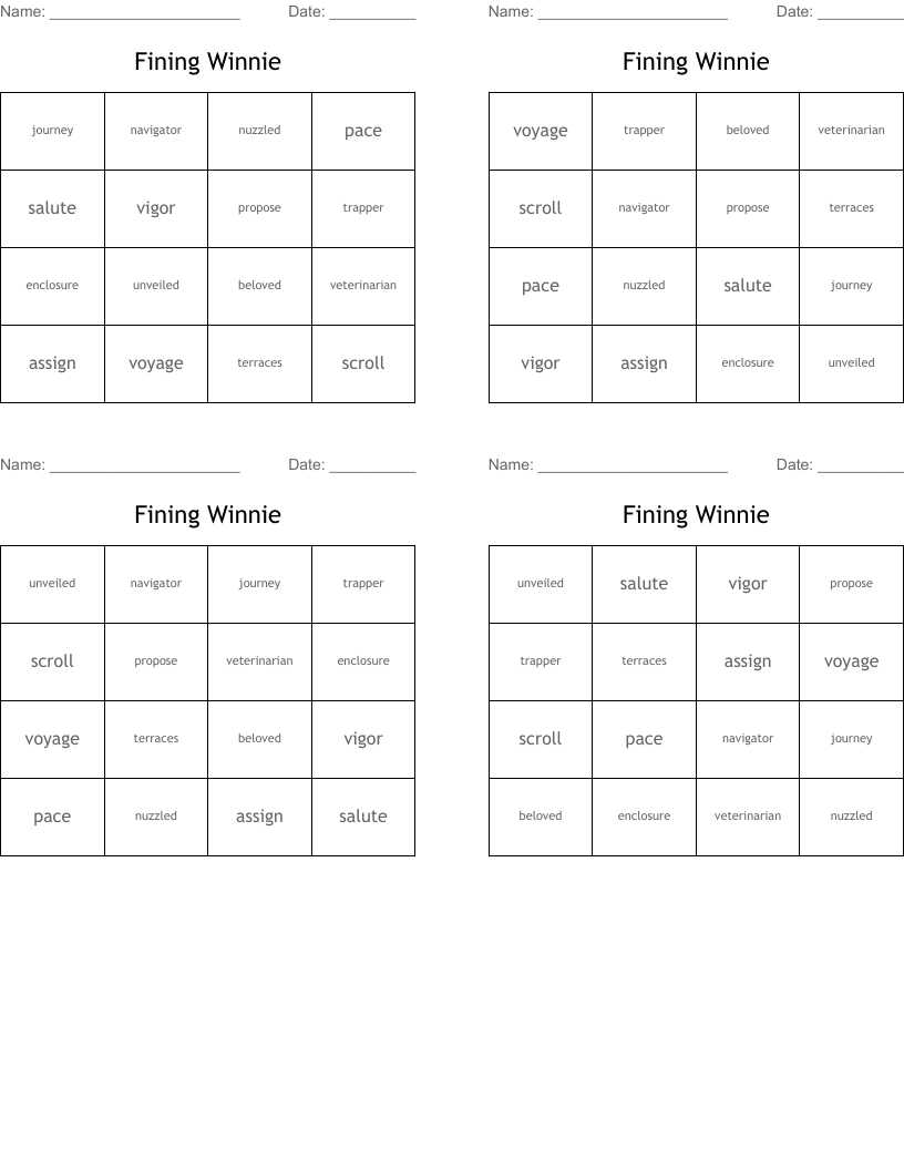 Fining Winnie Bingo Cards