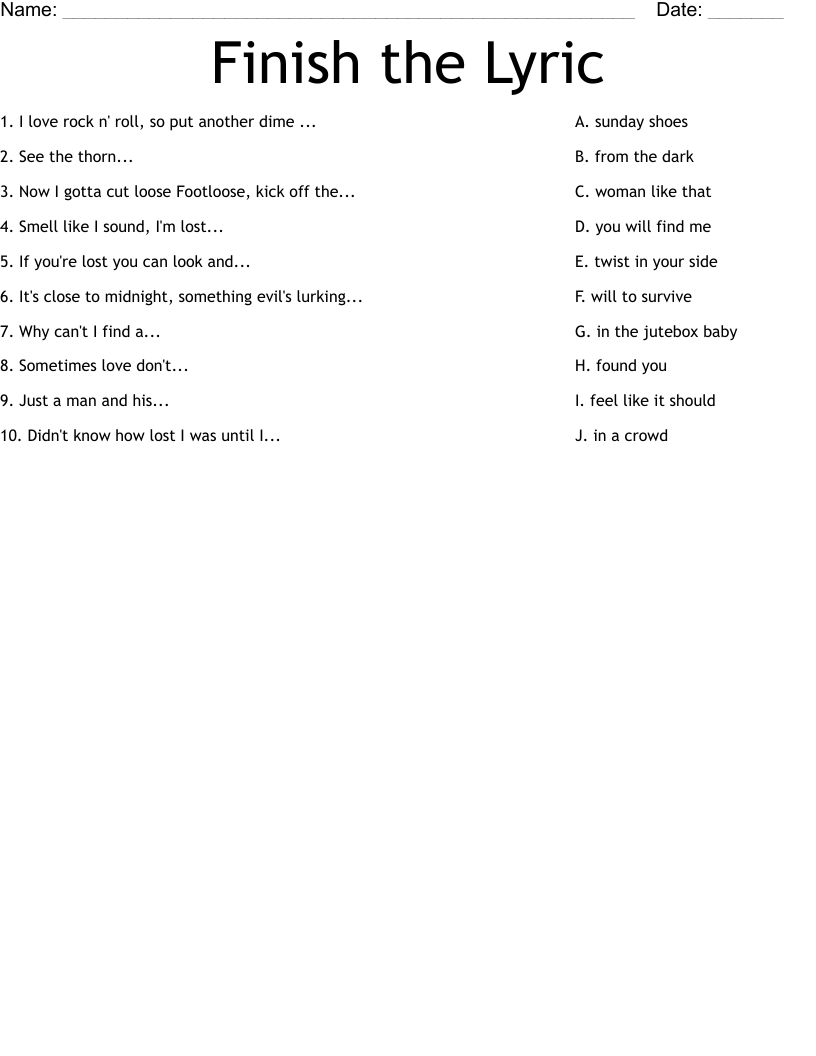 Finish the Lyric Worksheet