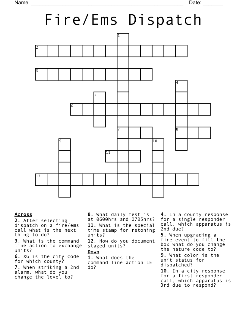 Fire/Ems Dispatch Crossword